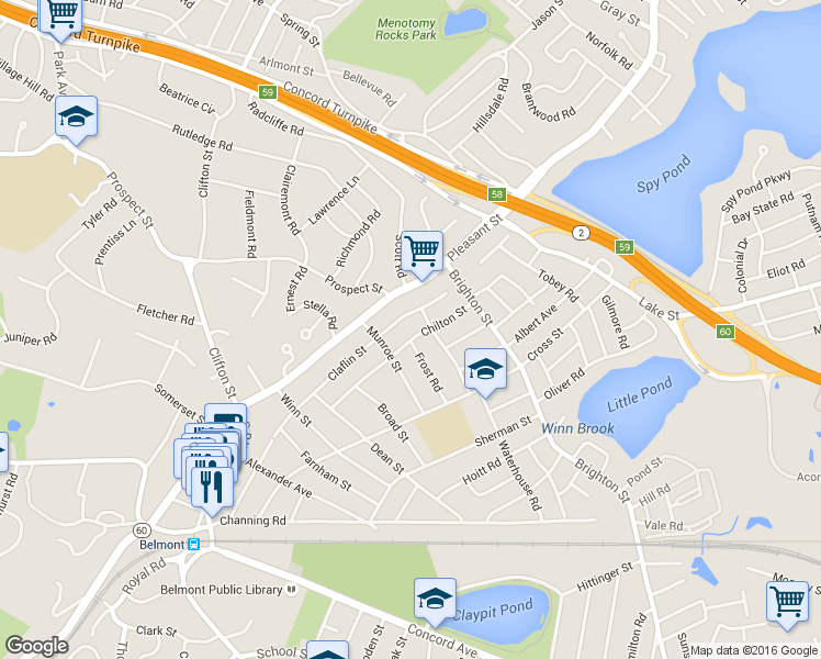 map of restaurants, bars, coffee shops, grocery stores, and more near 49 Chilton Street in Belmont