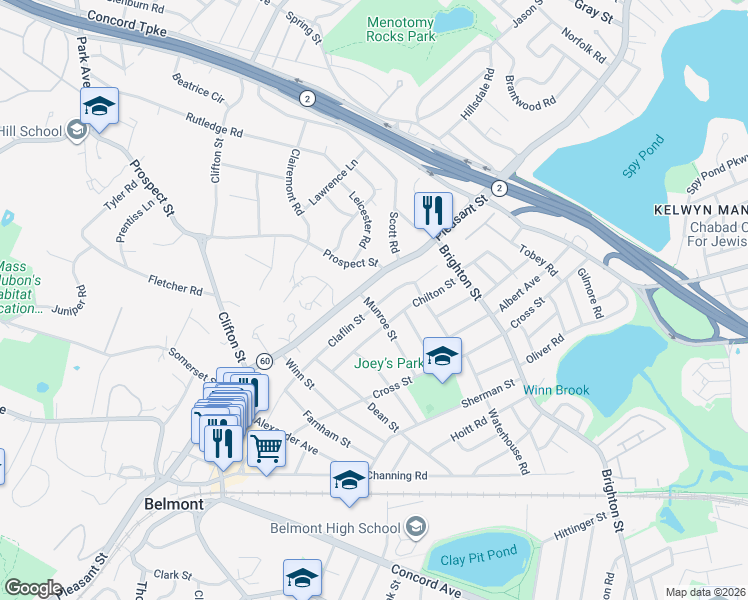 map of restaurants, bars, coffee shops, grocery stores, and more near 193 Claflin Street in Belmont