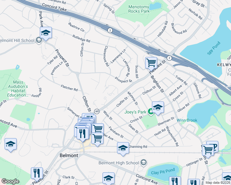 map of restaurants, bars, coffee shops, grocery stores, and more near 5 Stella Road in Belmont