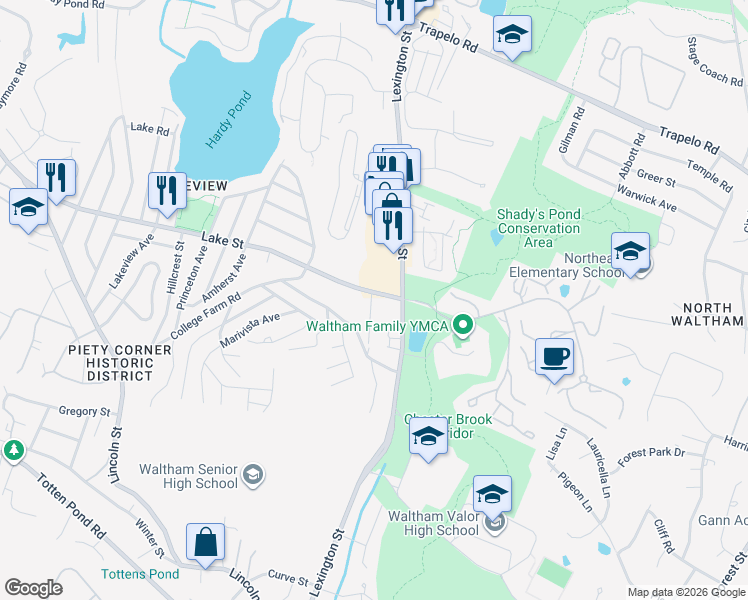 map of restaurants, bars, coffee shops, grocery stores, and more near 22 Lake Street in Waltham