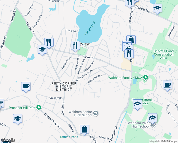 map of restaurants, bars, coffee shops, grocery stores, and more near 194 College Farm Road in Waltham