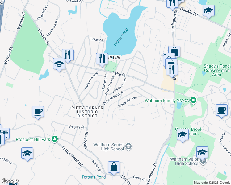 map of restaurants, bars, coffee shops, grocery stores, and more near 128 Amherst Avenue in Waltham