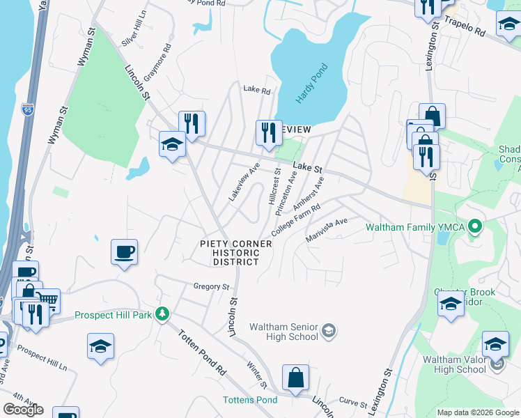 map of restaurants, bars, coffee shops, grocery stores, and more near 182 Hillcrest Street in Waltham