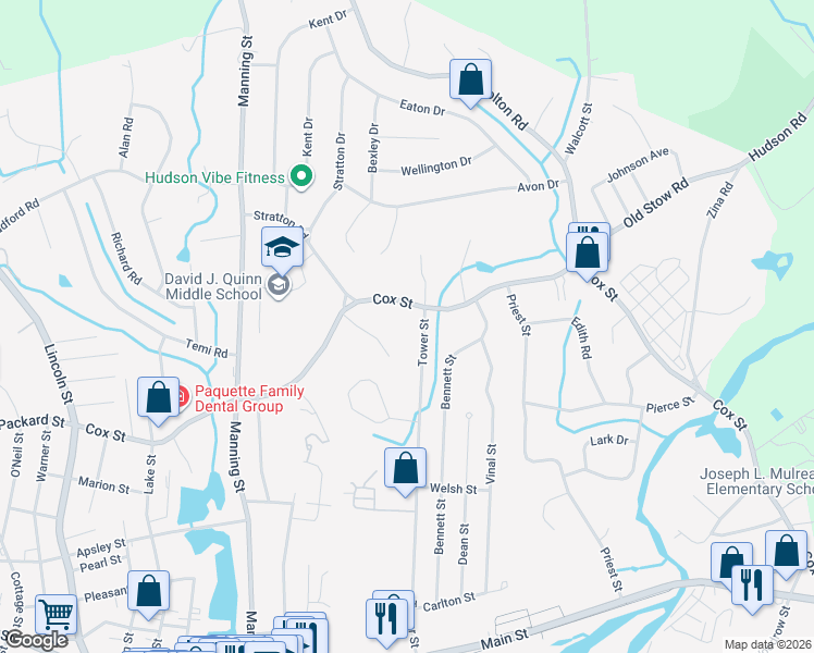 map of restaurants, bars, coffee shops, grocery stores, and more near 183 Cox Street in Hudson