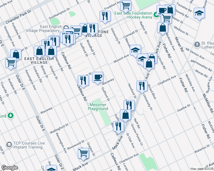 map of restaurants, bars, coffee shops, grocery stores, and more near 4203 Woodhall Street in Detroit