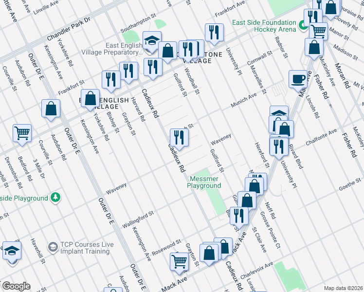 map of restaurants, bars, coffee shops, grocery stores, and more near 17143 Waveney in Detroit