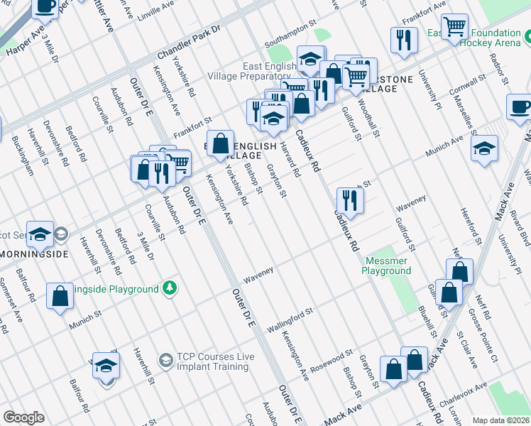 map of restaurants, bars, coffee shops, grocery stores, and more near 4470 Yorkshire Road in Detroit