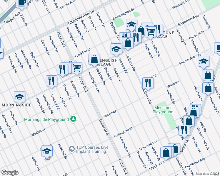 map of restaurants, bars, coffee shops, grocery stores, and more near 4470 Yorkshire Road in Detroit