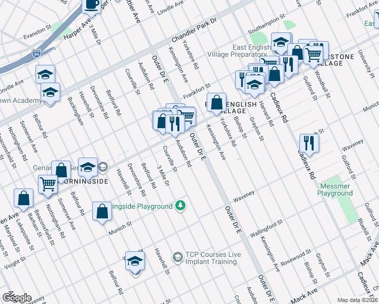 map of restaurants, bars, coffee shops, grocery stores, and more near 4828 Audubon Road in Detroit