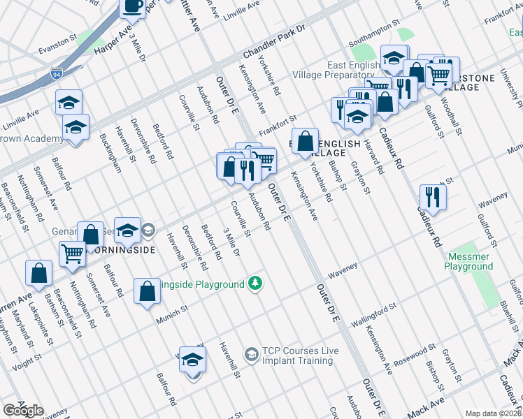 map of restaurants, bars, coffee shops, grocery stores, and more near 4828 Audubon Road in Detroit