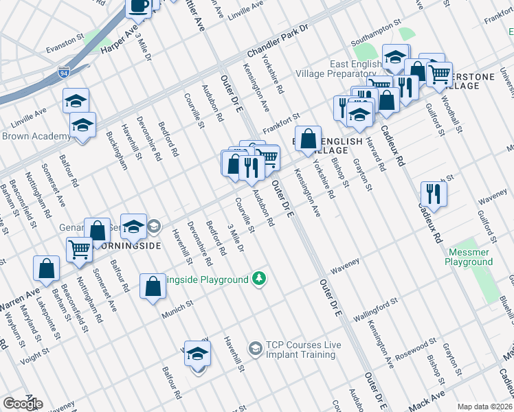map of restaurants, bars, coffee shops, grocery stores, and more near 4860 Courville Street in Detroit