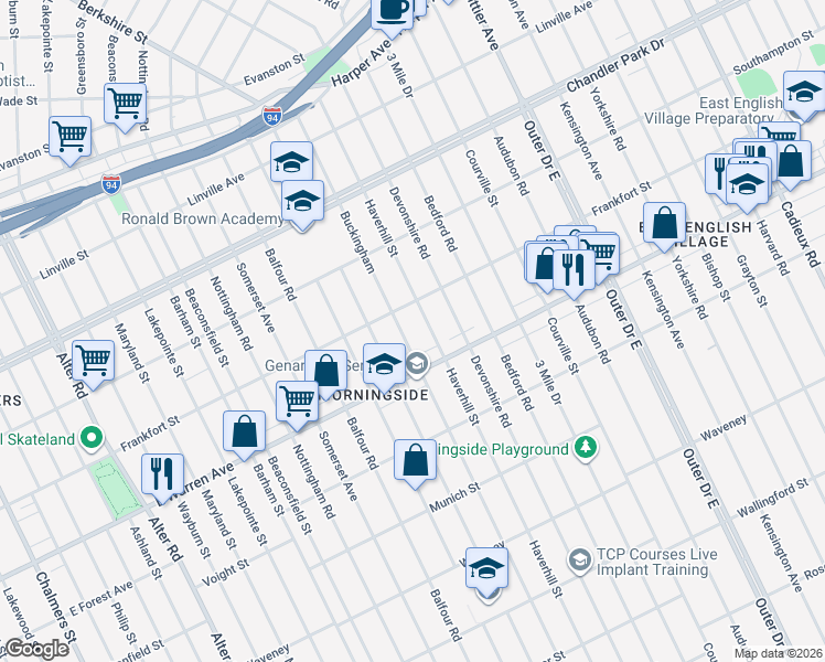 map of restaurants, bars, coffee shops, grocery stores, and more near 5066 Buckingham in Detroit