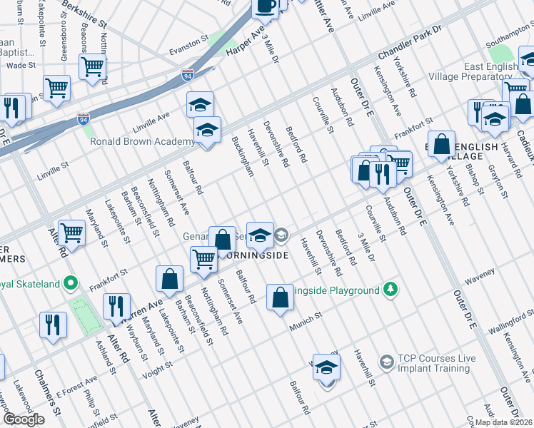 map of restaurants, bars, coffee shops, grocery stores, and more near 5098 Berkshire Street in Detroit
