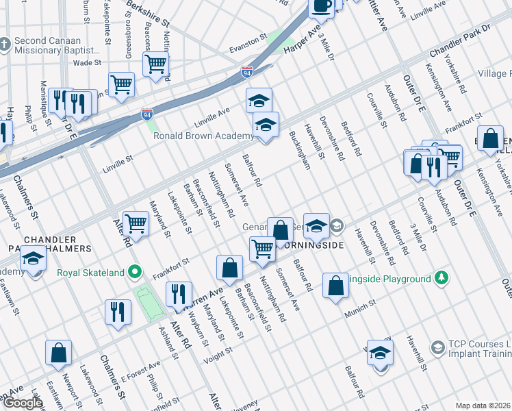 map of restaurants, bars, coffee shops, grocery stores, and more near 5243 Balfour Road in Detroit
