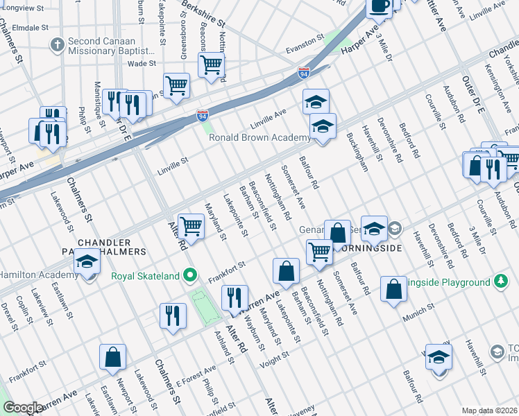 map of restaurants, bars, coffee shops, grocery stores, and more near 5519 Barham Street in Detroit