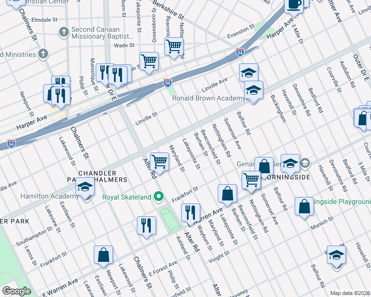 map of restaurants, bars, coffee shops, grocery stores, and more near 5555 Lakepointe Street in Detroit