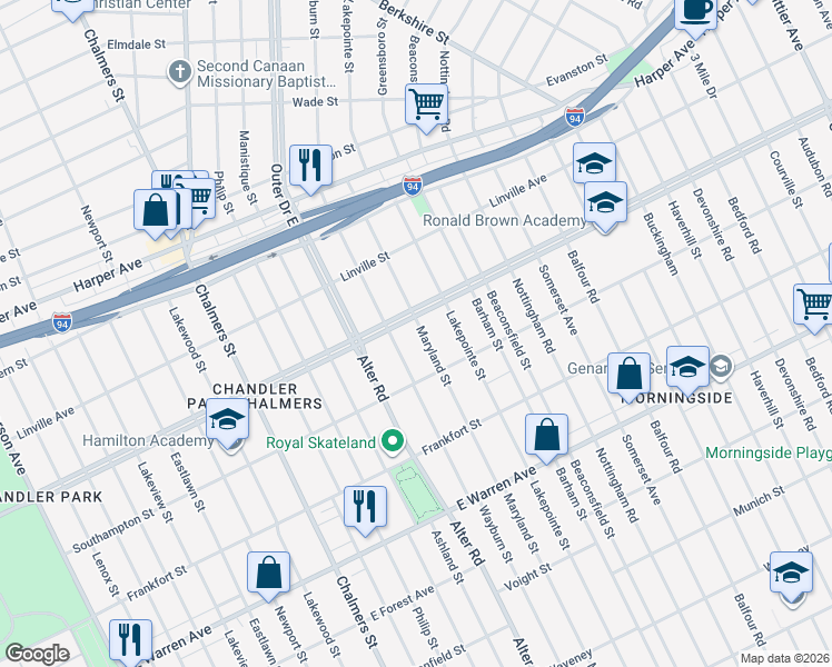 map of restaurants, bars, coffee shops, grocery stores, and more near 5594 Wayburn Street in Detroit