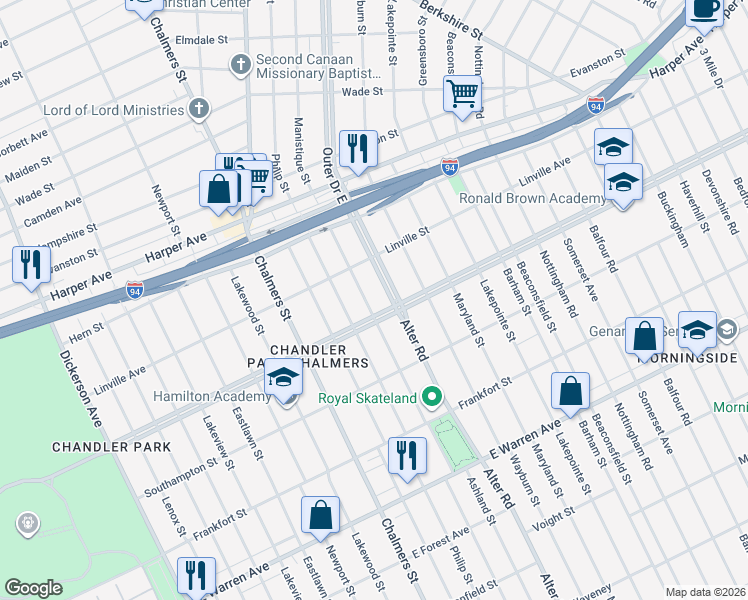 map of restaurants, bars, coffee shops, grocery stores, and more near 5720 Manistique Street in Detroit
