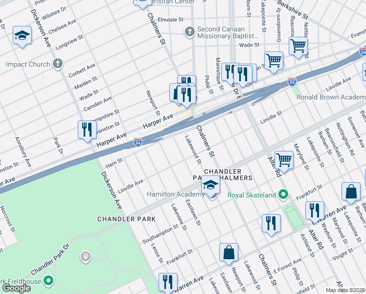 map of restaurants, bars, coffee shops, grocery stores, and more near 5935 Lakewood Street in Detroit