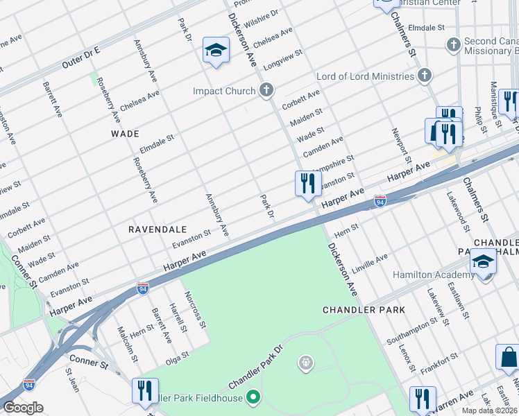 map of restaurants, bars, coffee shops, grocery stores, and more near 12605 Evanston Street in Detroit