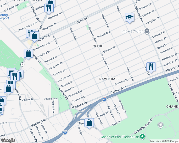 map of restaurants, bars, coffee shops, grocery stores, and more near 12018 Maiden Street in Detroit