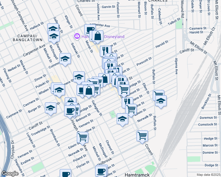 map of restaurants, bars, coffee shops, grocery stores, and more near 3568 Caniff Street in Hamtramck