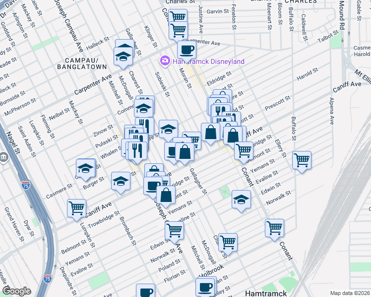 map of restaurants, bars, coffee shops, grocery stores, and more near 11350 Gallagher Street in Hamtramck