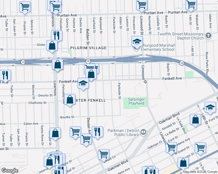 map of restaurants, bars, coffee shops, grocery stores, and more near 15086 Muirland Street in Detroit