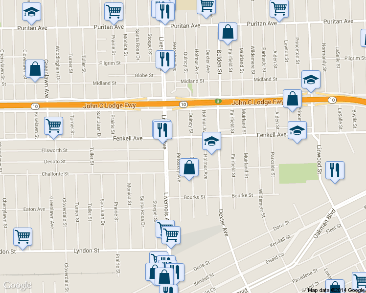 map of restaurants, bars, coffee shops, grocery stores, and more near 15102 Petoskey Avenue in Detroit