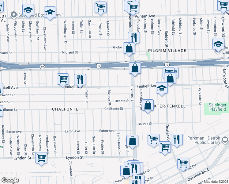 map of restaurants, bars, coffee shops, grocery stores, and more near 7300 Ellsworth Street in Detroit