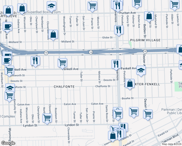 map of restaurants, bars, coffee shops, grocery stores, and more near 7374 Ellsworth Street in Detroit