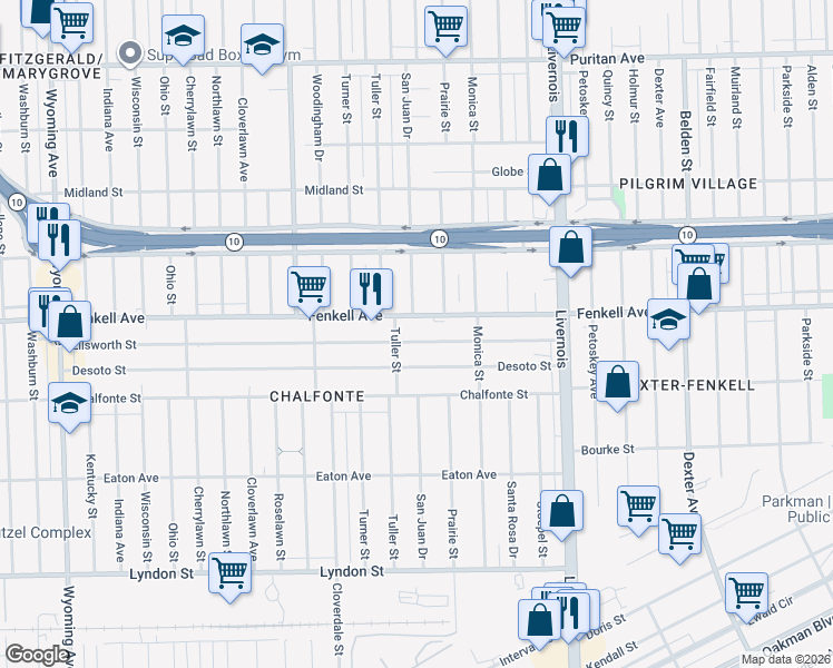 map of restaurants, bars, coffee shops, grocery stores, and more near 7458 Ellsworth Street in Detroit