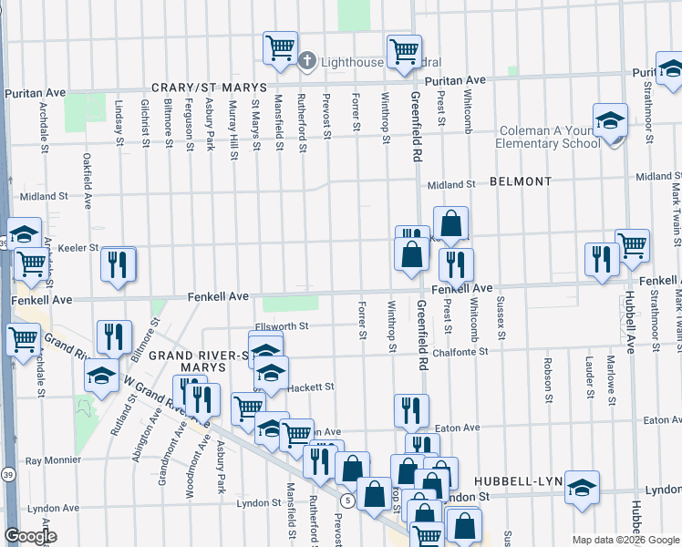 map of restaurants, bars, coffee shops, grocery stores, and more near 15323 Forrer Street in Detroit
