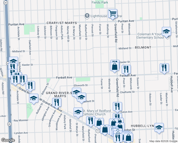 map of restaurants, bars, coffee shops, grocery stores, and more near 15323 Prevost Street in Detroit