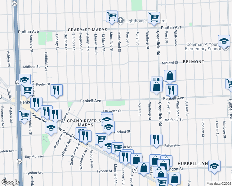 map of restaurants, bars, coffee shops, grocery stores, and more near 15326 Mansfield Street in Detroit