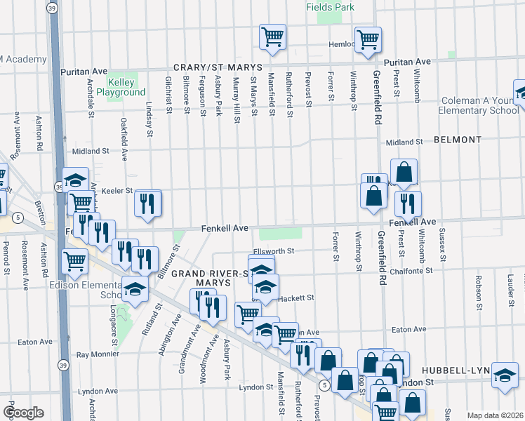 map of restaurants, bars, coffee shops, grocery stores, and more near 15329 Saint Marys Street in Detroit
