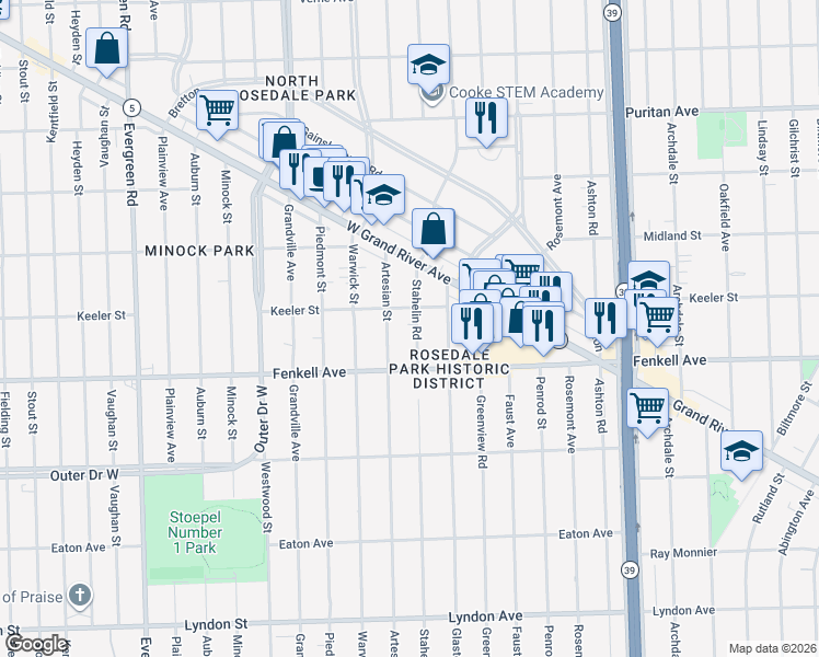 map of restaurants, bars, coffee shops, grocery stores, and more near 15344 Artesian Street in Detroit