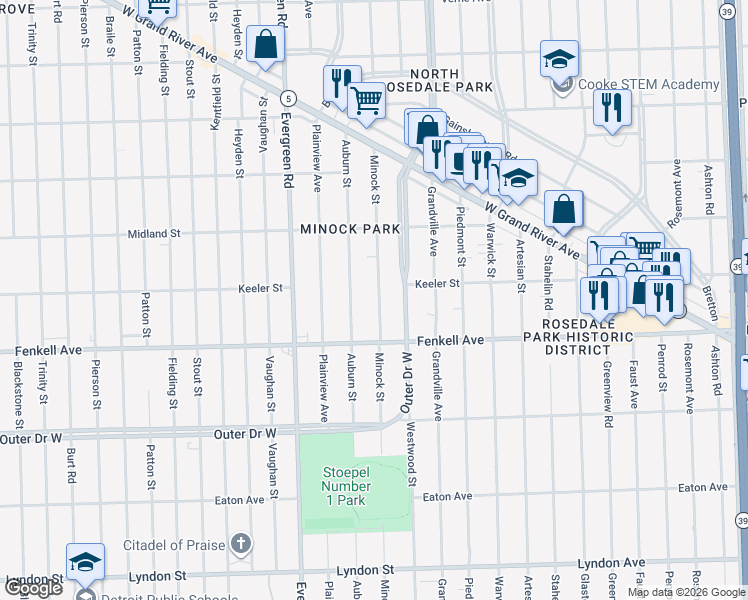 map of restaurants, bars, coffee shops, grocery stores, and more near 15380 Minock Street in Detroit