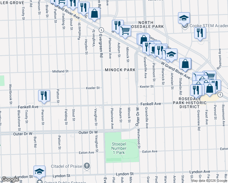 map of restaurants, bars, coffee shops, grocery stores, and more near 15391 Plainview Avenue in Detroit