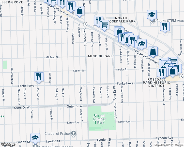 map of restaurants, bars, coffee shops, grocery stores, and more near 15391 Plainview Avenue in Detroit