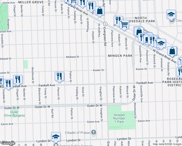map of restaurants, bars, coffee shops, grocery stores, and more near 15360 Heyden Street in Detroit