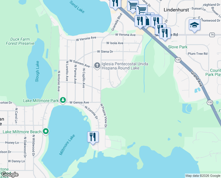 map of restaurants, bars, coffee shops, grocery stores, and more near 37097 Granada Boulevard in Lake Villa
