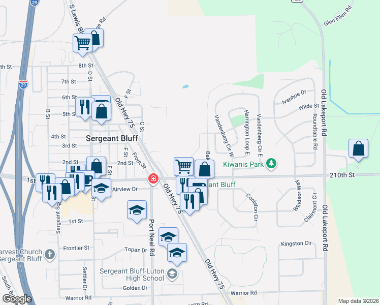 map of restaurants, bars, coffee shops, grocery stores, and more near 204 Prairie Bluff Drive in Sergeant Bluff