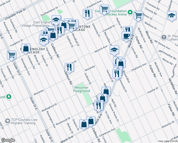 map of restaurants, bars, coffee shops, grocery stores, and more near 4203 Woodhall Street in Detroit