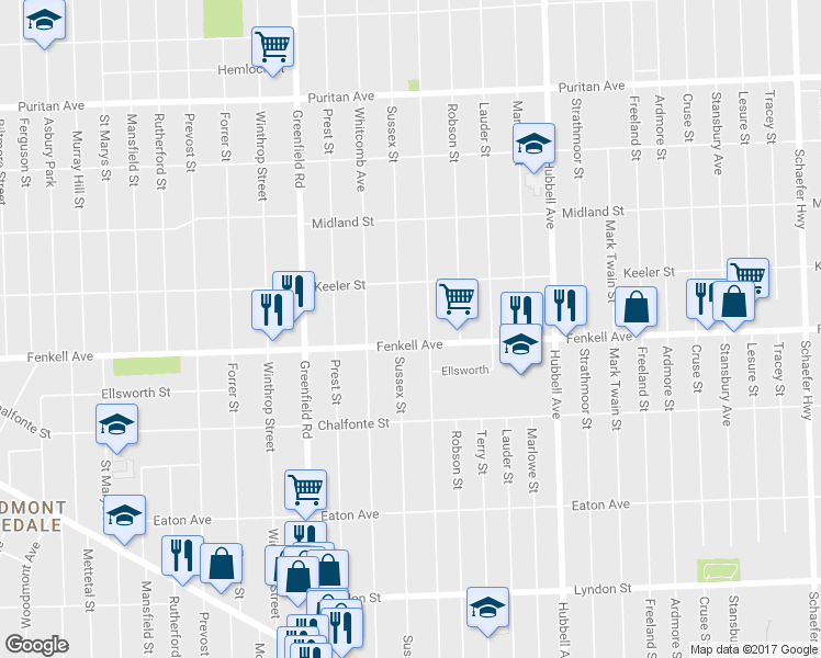 map of restaurants, bars, coffee shops, grocery stores, and more near 15318 Sussex St in Detroit
