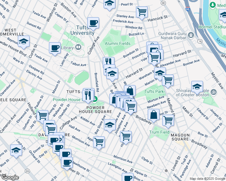 map of restaurants, bars, coffee shops, grocery stores, and more near 56 Bristol Road in Medford