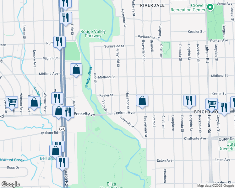 map of restaurants, bars, coffee shops, grocery stores, and more near 15403 Grayfield Street in Detroit