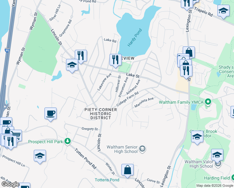 map of restaurants, bars, coffee shops, grocery stores, and more near 182 Hillcrest Street in Waltham
