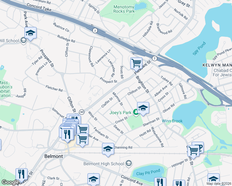 map of restaurants, bars, coffee shops, grocery stores, and more near 193 Claflin Street in Belmont