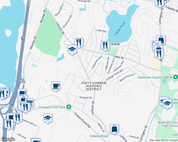 map of restaurants, bars, coffee shops, grocery stores, and more near 16 Lakeview Avenue in Waltham